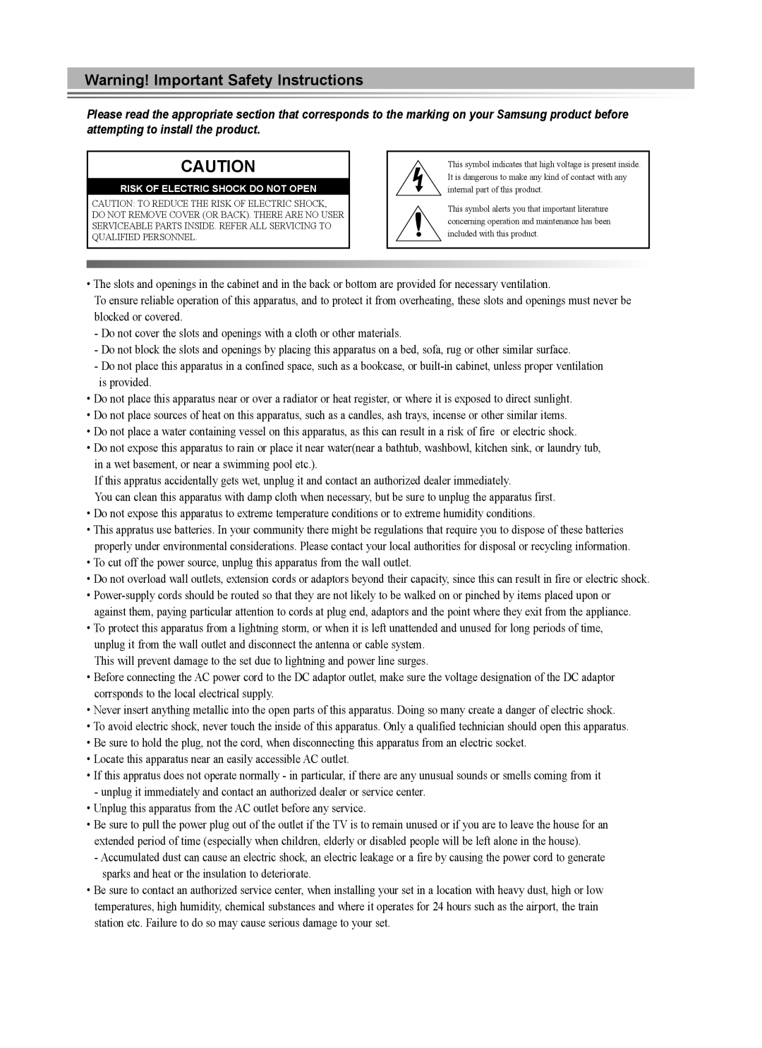 Samsung LE37R74BD, LE40R73BD, LE32R73BD, LE40R74BD, LE32R74BD, LE26R73BD, LE26R74BD manual Risk Of Electric Shock Do Not Open 